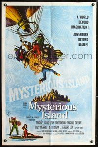 7r562 MYSTERIOUS ISLAND 1sh '62 Ray Harryhausen, Jules Verne sci-fi, cool hot-air balloon art!