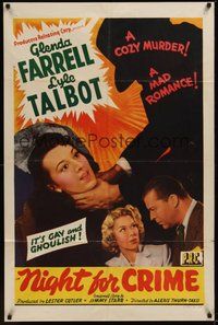 7r579 NIGHT FOR CRIME 1sh '43 Glenda Farrell, Lyle Talbot, it's gay and ghoulish!