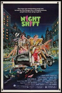 7r588 NIGHTSHIFT 1sh '82 Michael Keaton, Henry Winkler, sexy girls in hearse art by Mike Hobson!