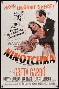 7r590 NINOTCHKA 1sh R62 Greta Garbo laughs with Melvyn Douglas, directed by Ernst Lubitsch!