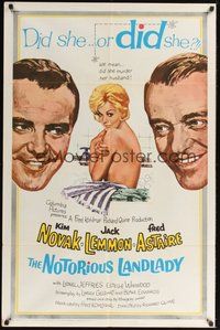 7r598 NOTORIOUS LANDLADY 1sh '62 art of sexy naked Kim Novak between Jack Lemmon & Fred Astaire!