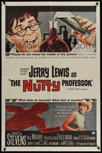 7r599 NUTTY PROFESSOR 1sh '63 wacky Jerry Lewis directs & stars w/pretty Stella Stevens!