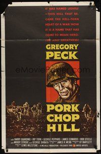 7r657 PORK CHOP HILL 1sh '59 Lewis Milestone directed, cool art of Korean War soldier Gregory Peck
