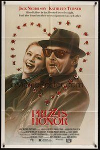 7r664 PRIZZI'S HONOR 1sh '85 cool art of smoking Jack Nicholson & Kathleen Turner w/bullet holes!