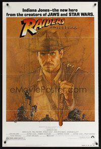 7r675 RAIDERS OF THE LOST ARK 1sh '81 great art of adventurer Harrison Ford by Richard Amsel!