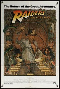 7r676 RAIDERS OF THE LOST ARK 1sh R80s different art of adventurer Harrison Ford by Richard Amsel!