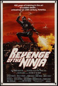 7r691 REVENGE OF THE NINJA 1sh '83 cool artwork of ninja throwing weapons in mid-air!