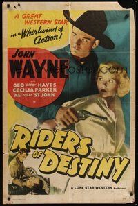 7r692 RIDERS OF DESTINY 1sh R47 John Wayne in a whirlwind of action, Cecilia Parker!
