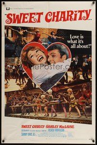 7r815 SWEET CHARITY 1sh '69 Bob Fosse musical starring Shirley MacLaine, it's all about love!