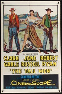 7r822 TALL MEN 1sh '55 full-length art of Clark Gable, sexy Jane Russell showing leg, Robert Ryan!