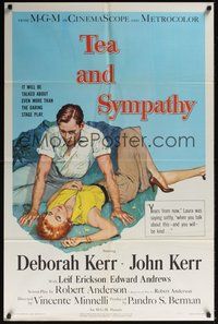 7r828 TEA & SYMPATHY 1sh '56 great artwork of Deborah Kerr & John Kerr by Gale, classic tagline!