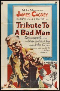 7r892 TRIBUTE TO A BAD MAN 1sh '56 great art of cowboy James Cagney, pretty Irene Papas!