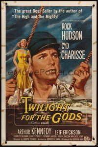 7r901 TWILIGHT FOR THE GODS 1sh '58 great artwork of Rock Hudson & sexy Cyd Charisse on beach!