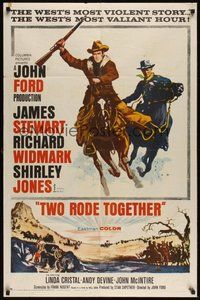 7r907 TWO RODE TOGETHER 1sh '61 John Ford, art of James Stewart & Richard Widmark on horses!