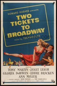 7r908 TWO TICKETS TO BROADWAY 1sh '51 great artwork of Janet Leigh & Tony Martin, Howard Hughes!