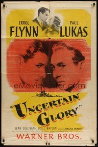 7r913 UNCERTAIN GLORY 1sh '44 art of French Errol Flynn face-to-face with Nazi Paul Lukas!