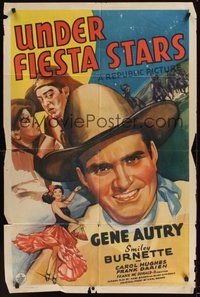 7r914 UNDER FIESTA STARS 1sh '41 great art of Gene Autry plus wacky Smiley Burnette!