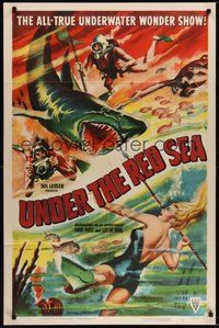 7r917 UNDER THE RED SEA style A 1sh '52 cool art of scuba divers & sexy swimmer fighting shark!