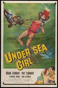 7r918 UNDERSEA GIRL 1sh '57 cool artwork of sexy deep sea scuba diver in peril!