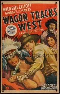 7r941 WAGON TRACKS WEST 1sh '43 cool artwork of Wild Bill Elliot vs. Indian, Gabby Hayes!