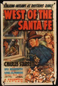 7r952 WEST OF THE SANTA FE 1sh '38 cool art of Charles Starrett sneaking up on the bad guys!