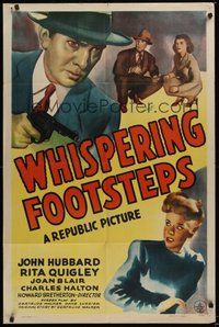 7r960 WHISPERING FOOTSTEPS 1sh '43 John Hubbard & Rita Quigley, murder mystery art!