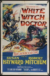 7r966 WHITE WITCH DOCTOR 1sh '53 art of Susan Hayward & Robert Mitchum in African jungle!