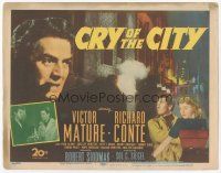 7s047 CRY OF THE CITY TC '48 film noir, cool c/u of Victor Mature, Richard Conte, Shelley Winters