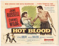 7s082 HOT BLOOD TC '56 great image of barechested Cornel Wilde grabbing Jane Russell, Nicholas Ray