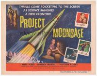 7s135 PROJECT MOONBASE TC '53 Robert Heinlein, cool art of rocket ship + wacky astronauts!