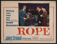 7s573 ROPE LC #3 '48 c/u of James Stewart confronting Farley Granger & John Dall, Alfred Hitchcock