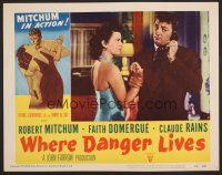 7s684 WHERE DANGER LIVES LC #8 '50 Robert Mitchum grabs Faith Domergue while he's on the phone!