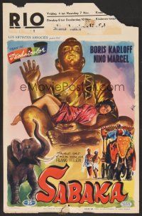 7w696 SABAKA Belgian '54 Boris Karloff, cool artwork of elephants in India!