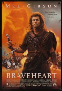 7x110 BRAVEHEART advance DS 1sh '95 cool image of Mel Gibson as William Wallace!