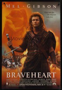 7x109 BRAVEHEART advance 1sh '95 cool image of Mel Gibson as William Wallace!