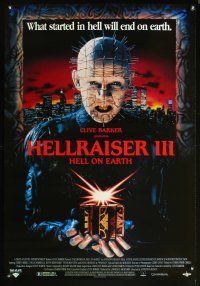 7x304 HELLRAISER III: HELL ON EARTH video 1sh '92 Clive Barker, great c/u of Pinhead holding cube!