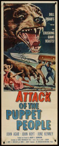 8a038 ATTACK OF THE PUPPET PEOPLE insert '58 AIP, art of tiny people w/steak knife attacking dog!