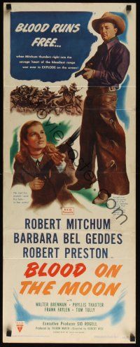 8a069 BLOOD ON THE MOON insert '49 cowboy Robert Mitchum pointing gun & Barbara Bel Geddes!