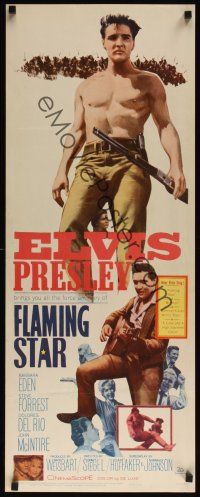 8a214 FLAMING STAR insert '60 barechested Elvis Presley playing guitar & close up w/rifle!