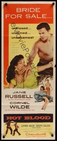 8a309 HOT BLOOD insert '56 barechested Cornel Wilde grabbing Jane Russell, Nicholas Ray!