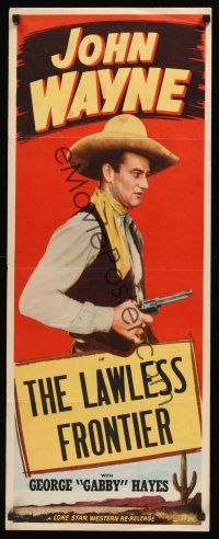 8a362 JOHN WAYNE stock insert '40s cool image of John Wayne with revolver, Lawless Frontier!