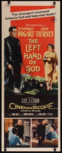 8a365 LEFT HAND OF GOD insert '55 art of priest Humphrey Bogart holding gun + sexy Gene Tierney!