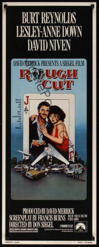 8a535 ROUGH CUT insert '80 Don Siegel, Burt Reynolds, sexy Lesley-Anne Down, playing card art!