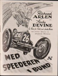 8b111 DANGER ON WHEELS Danish program '40 Richard Arlen, cool different car racing artwork!