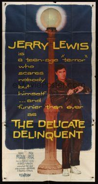 8d372 DELICATE DELINQUENT 3sh '57 wacky teen-age terror Jerry Lewis hanging from light post!