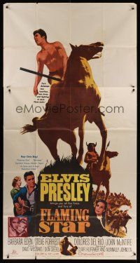 8d386 FLAMING STAR 3sh '60 Elvis Presley on horseback with rifle, Barbara Eden, Don Siegel!