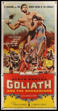 8d405 GOLIATH & THE BARBARIANS 3sh '59 art of Steve Reeves protecting sexy Chelo Alonso!