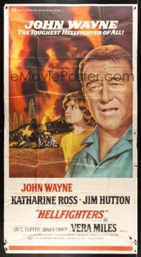 8d417 HELLFIGHTERS 3sh '69 John Wayne as fireman Red Adair, Katharine Ross, art of blazing inferno!