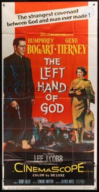 8d454 LEFT HAND OF GOD 3sh '55 artwork of priest Humphrey Bogart holding gun + sexy Gene Tierney!