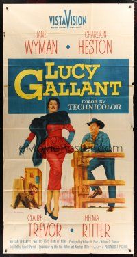 8d461 LUCY GALLANT 3sh '55 full-length art of Jane Wyman & Charlton Heston!
